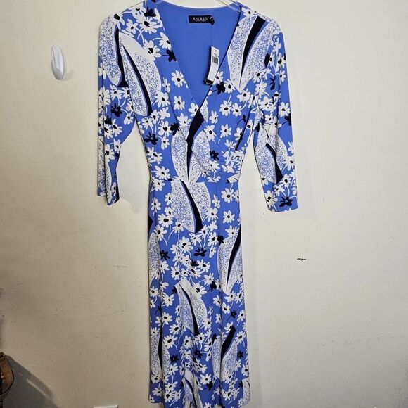 Ralph Lauren Floral Surplice Jersey Dress NWT Women's Blue/Cream Size 8 - Picture 1 of 7